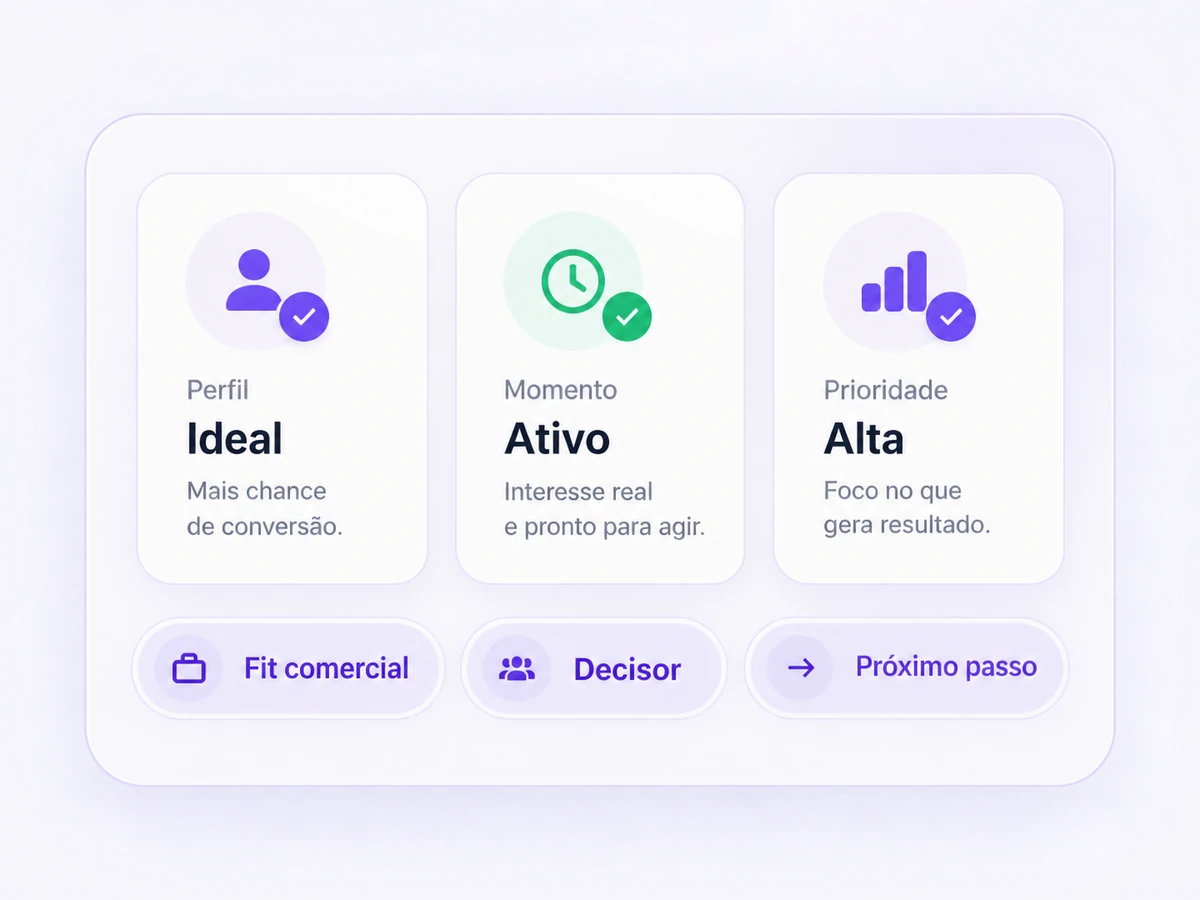 Painel de qualificação comercial com análise de perfil, momento de compra e prioridade da oportunidade.